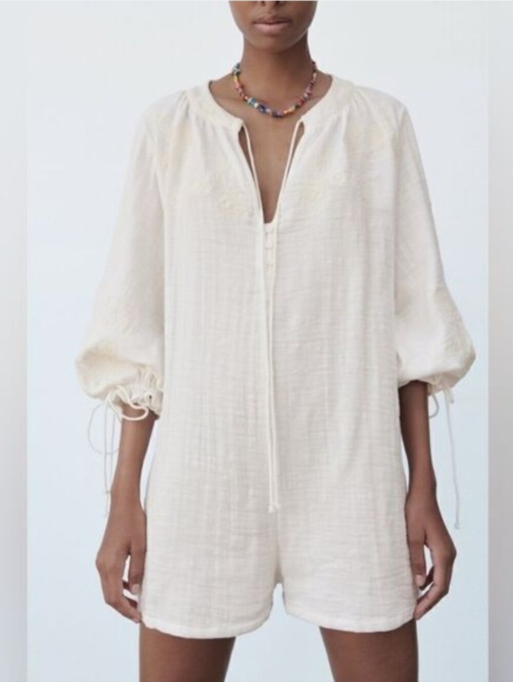 Zara White ROMPER WITH FLORAL EMBROIDERY Cotton S
